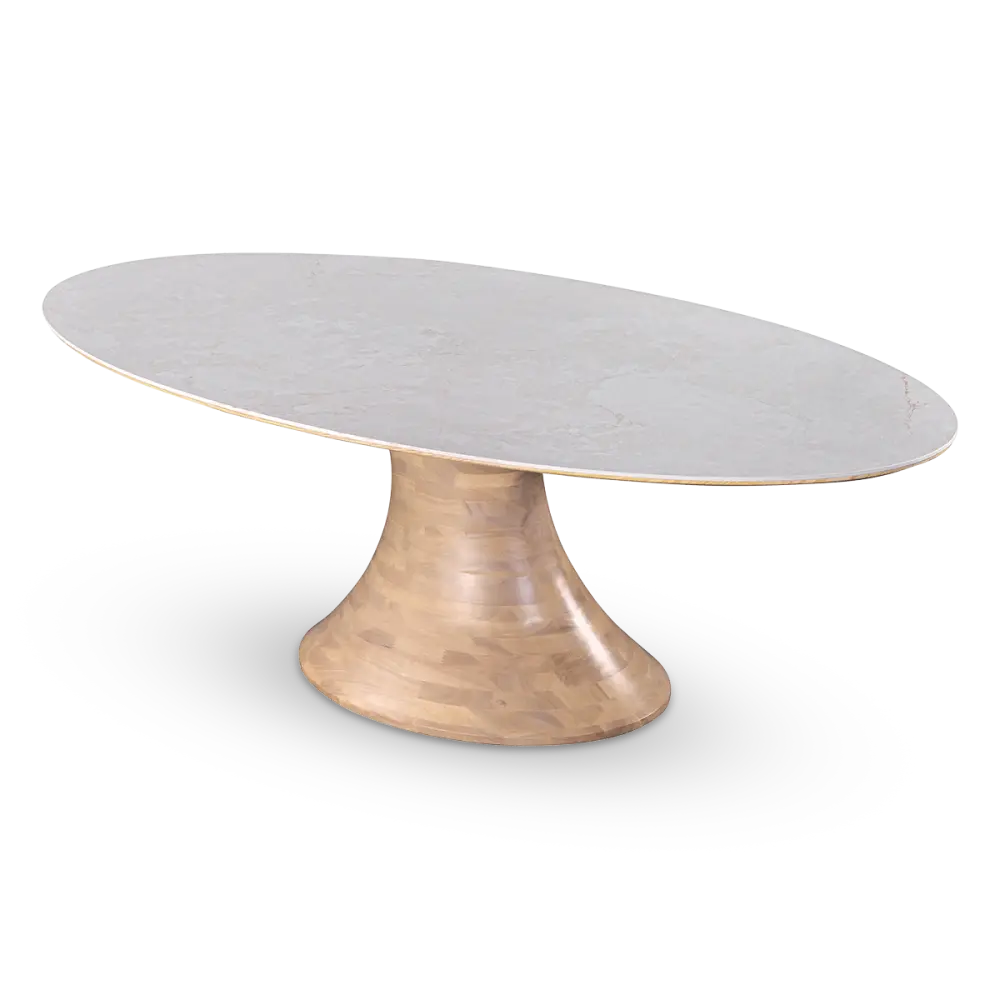 Ovale Tulip Eettafel | Wit Keramiek | Naturel Onderstel