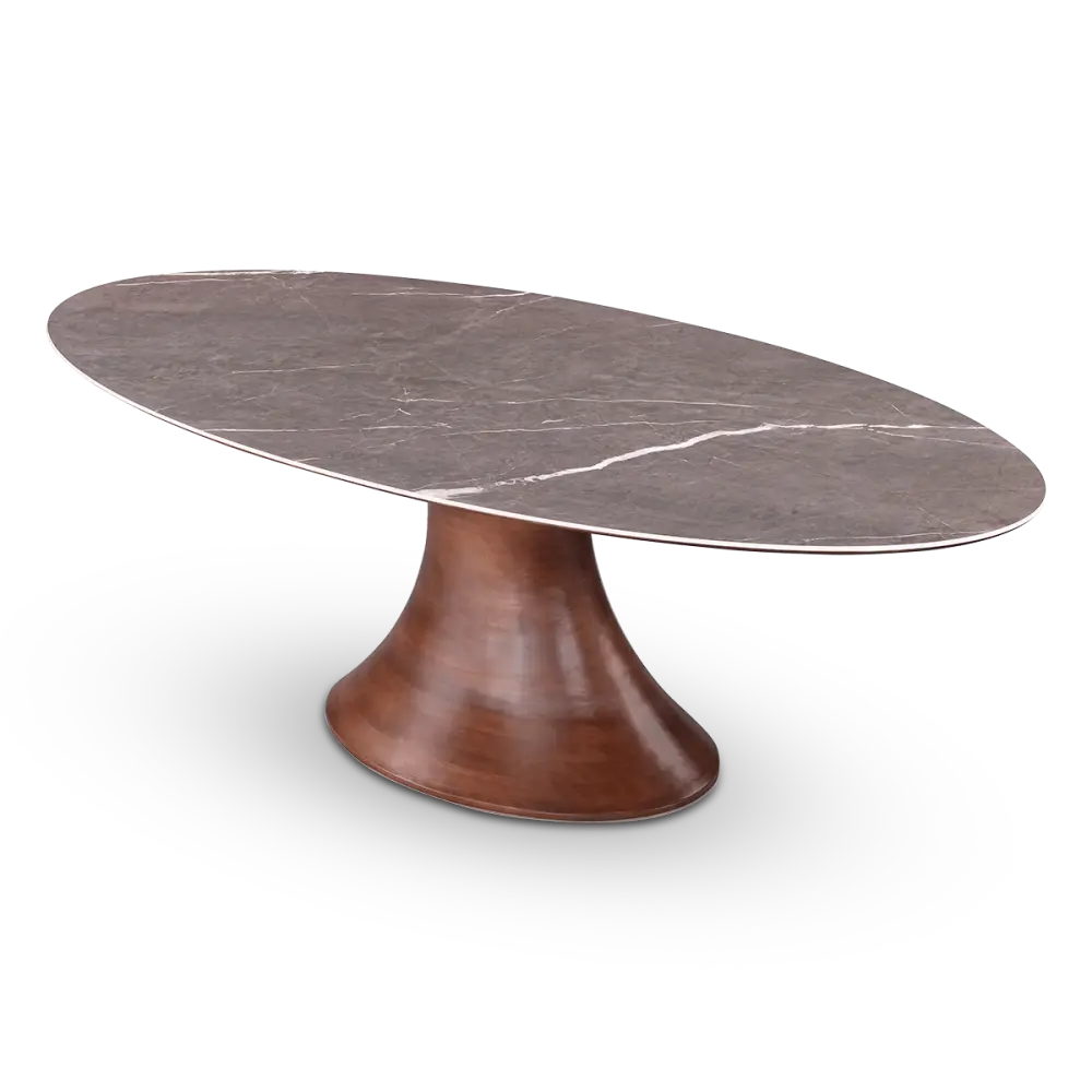 Ovale Tulip Eettafel | Antraciet Keramiek | Walnoot Onderstel