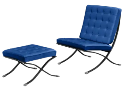 Barcelona Chair XL Blauw Velvet Set | Inclusief Voetenbank | Zwart Frame