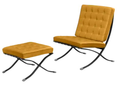 Barcelona Chair XL Oker Velvet Set | Inclusief Ottoman | Zwart Frame