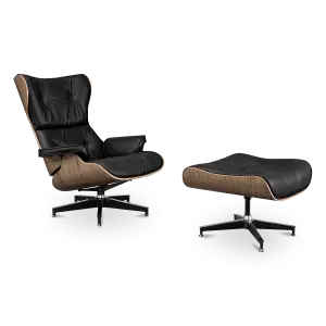 Cavel Lounge Chair Zwart Leer | Walnoot Schalen